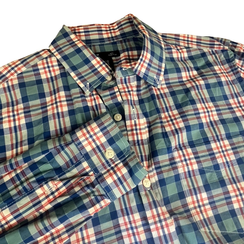 Gap Mens Slim Fit Plaid Button Down Shirt Blue Green Red Long Sleeve Size M
